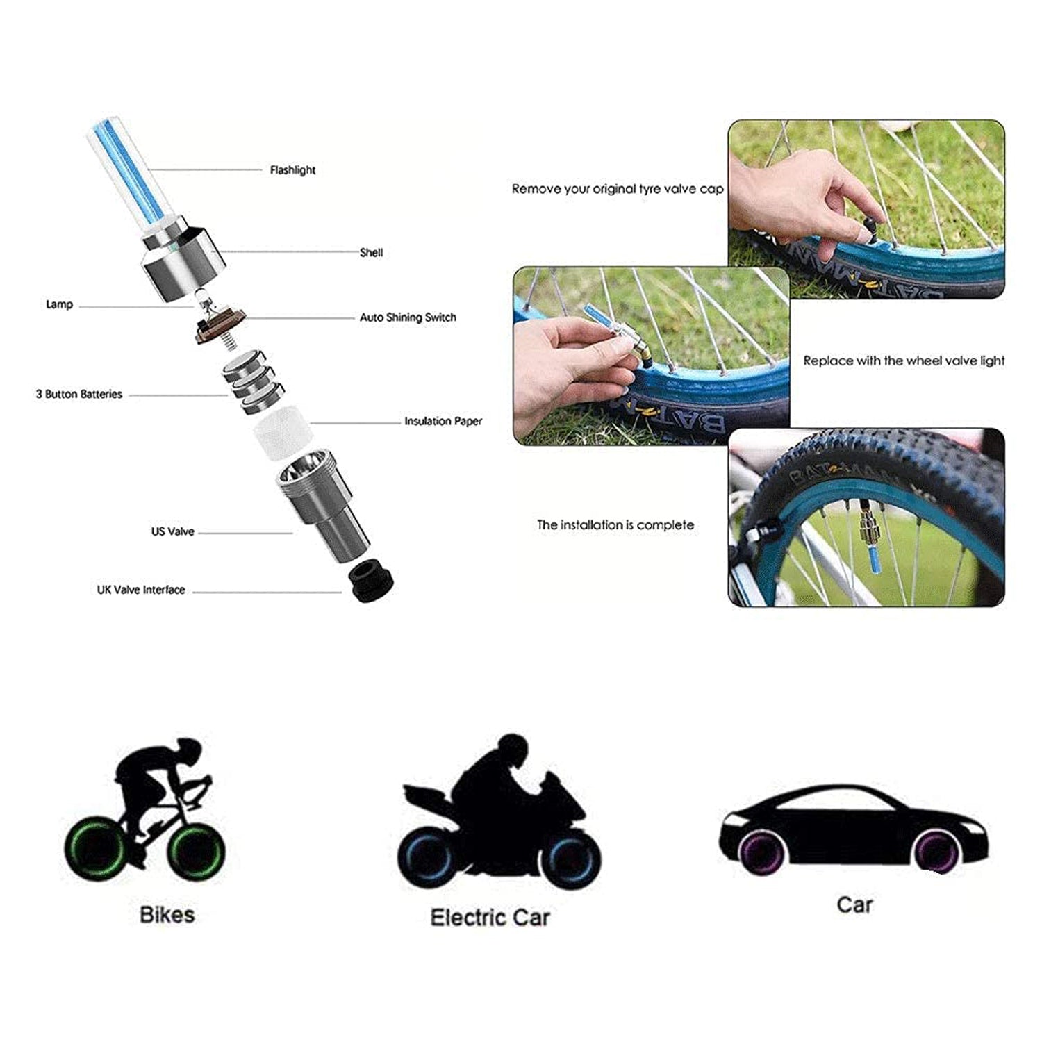 LED Flash Light lamp tyre Wheel Valve Sealing caps (2 Pc / Mix Color) LED Flash Light lamp tyre Wheel Valve Sealing caps (2 Pc / Mix Color)